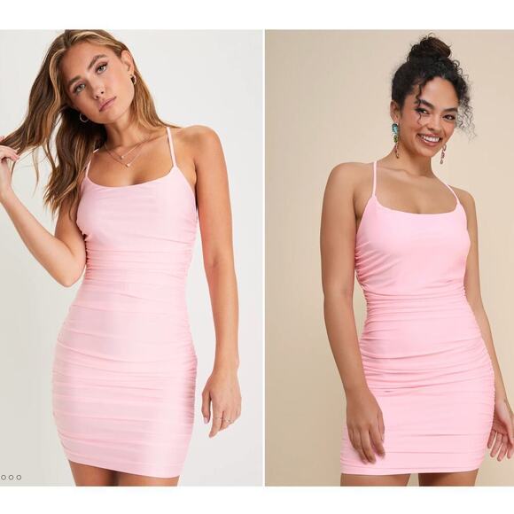 New without tags Lulus  Light Pink Ruched Lace-Up Bodycon Mini Dress SZ L - Picture 1 of 12